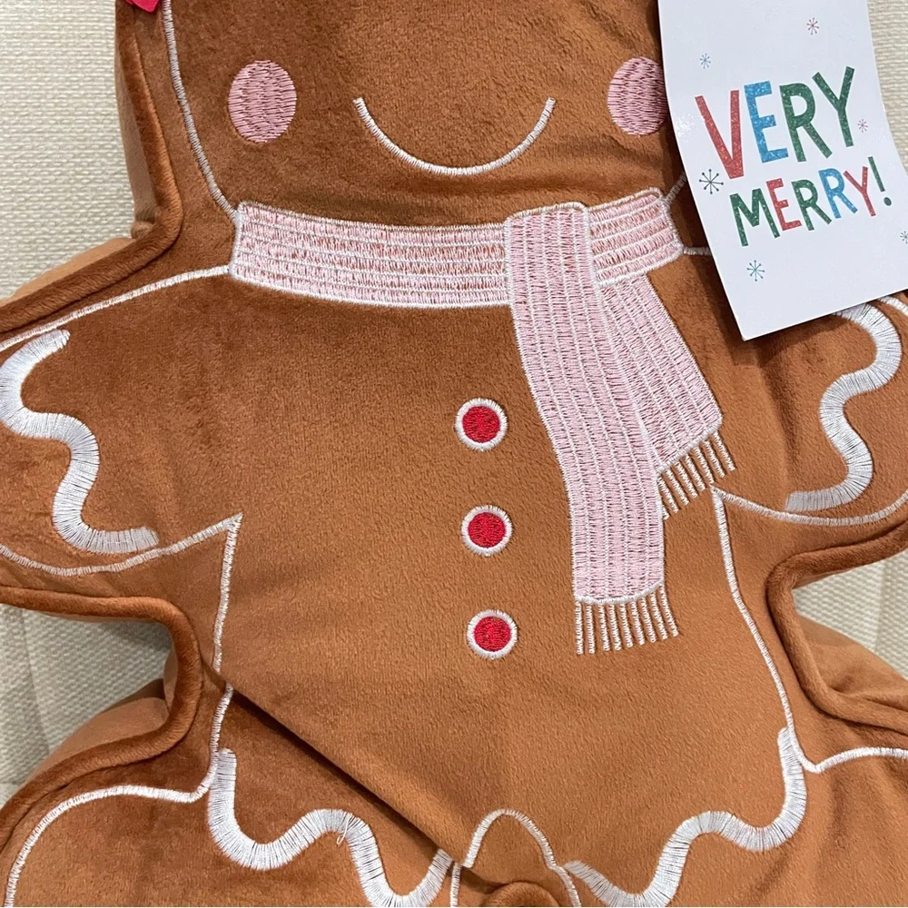 NEW Very Merry Gingerbread Girl‎ Plush Christmas Decorative Pillow Brown Red Bow